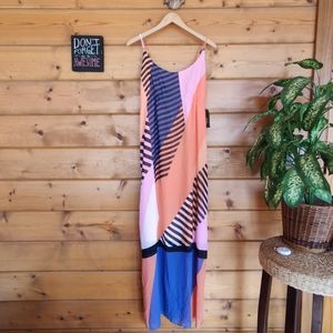 ANA 💜‎ New Approach NWT Maxi Dress Lined Geometric Pink Blue Stripes Long XL